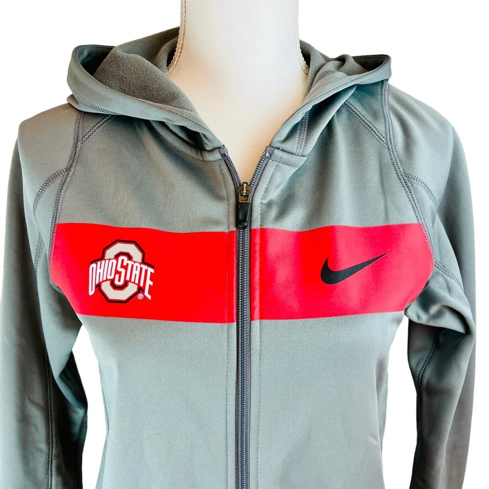 NIKE Ohio State Buckeyes‎ Gray Red  Dri Fit Full Zip Jacket Hoodie Football OSU